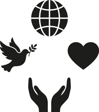 Human hands supporting globe dove and heart silhouette