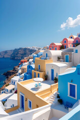 Obraz premium Vibrant coastal destination celebrating travel and tourism through premium landscape photography with colorful island buildings and sunny ocean scenery everywhere