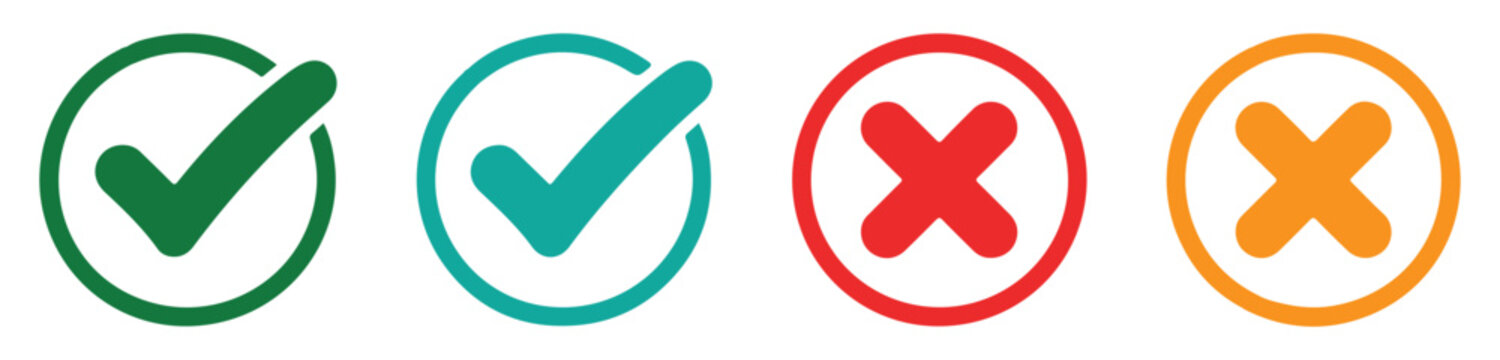 Set of vibrant checkmark and cross mark icons in thin circles for digital interfaces and validation.