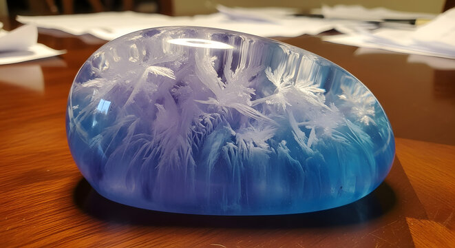 Smooth blue resin paperweight with white fern-like crystal inclusions