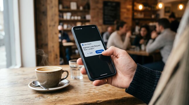 Person approving login request on phone in cafe
