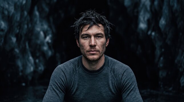 Serious man with messy hair and stubble sitting against dark textured background.