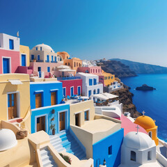 Obraz premium Peaceful Greek coastline highlighting travel and tourism using breathtaking landscape photography featuring colorful architecture beneath endless blue skies today