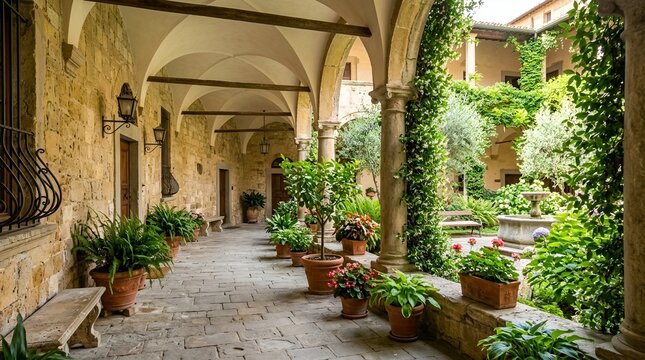 Tuscan Courtyard Archway with Potted Plants, Stone Architecture & Fountain