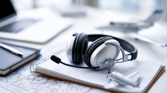 Headphones with a microphone resting on a notepad placed over a map, with a laptop and a small airplane model in the background
