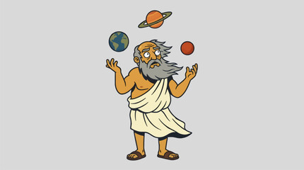 Ancient Greek Philosopher Juggling Planets, Earth, Mars, and Saturn, with a Thoughtful Expression, Flat Vector Illustration on Light Gray Background, Copy Space © Ahyan