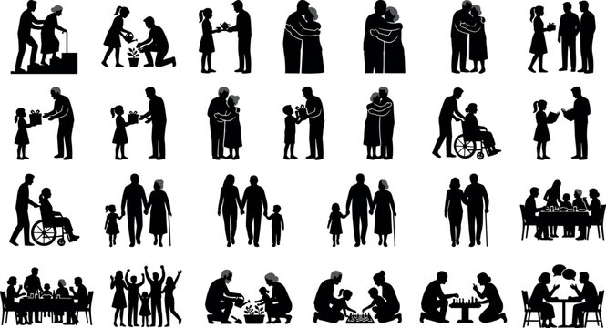 Set of silhouettes of family members, grandparents, parents and children interacting and spending time together
