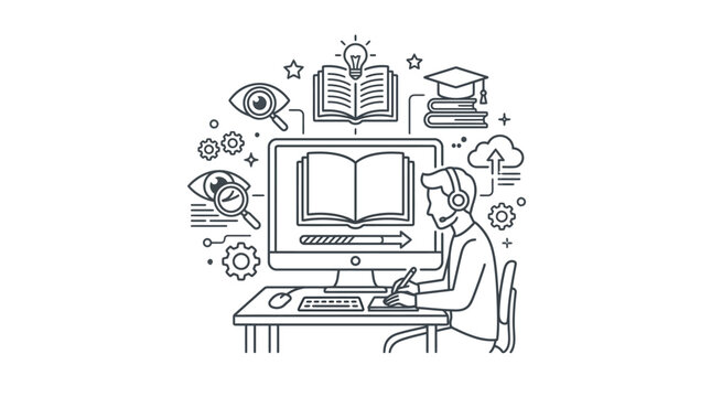 Minimalist Black and White of Online Learning with Book Computer and Study Elements with high quality professional line art symbols for modern creative design and digital branding projects
