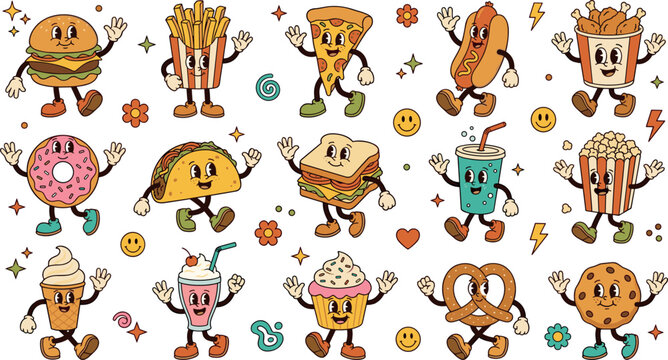 Food Characters Dancing with Joyful Expressions and Colorful Backgrounds Featuring Background, Cartoon, Illustration with Fun