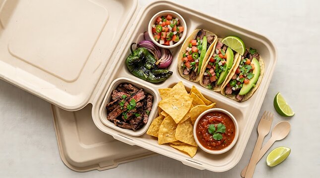 Mexican taco lunch box with chips and salsa in a takeaway container. mexican food boxes