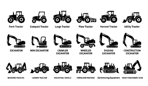 Create a premium vector illustration featuring 18 unique tractor and excavator silhouette icons arranged in a perfectly aligned 6&times;3 grid on a solid white background. Use solid black filled shapes with