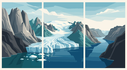 Majestic glacial mountain valley landscape vector illustration featuring deep blue water icebergs and sharp jagged peaks in a triptych design © hadi