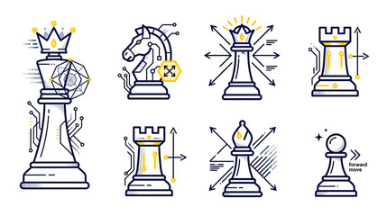 Digital Chess Pieces with Circuitry and Geometric Shapes © muse