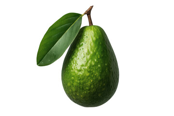 Obraz premium Fresh green avocado fruit with leaf and water drops, unripe and healthy, isolated on transparent background