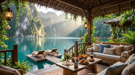 Fototapeta premium Luxury Lakeside Eco Resort Terrace with Floating Dock, Waterfall and Tropical Mountain Paradise