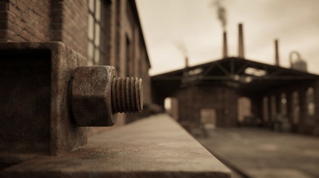 Close up of a rusty metal bolt and nut in an old abandoned industrial factory