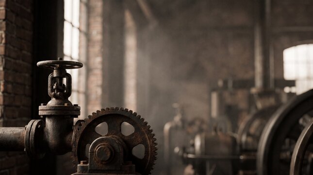 Close up of a rusty metal valve and gear in an old industrial factory