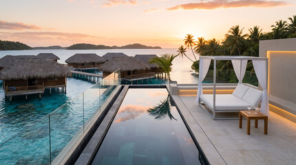 Fototapeta premium Luxury rooftop infinity pool at sunset with coastal view. Modern outdoor terrace featuring stylish lounge area and panoramic ocean scenery.