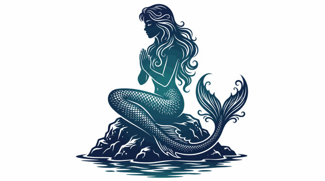 Contemplative mermaid silhouette sitting on rock in prayer pose above calm ocean water.