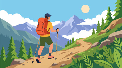Hiker on a mountain trail with backpack and trekking poles, vector illustration © GraphWorks