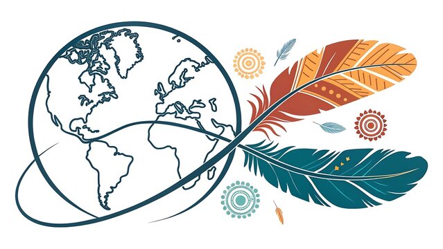Global indigenous heritage illustration. World map with tribal feathers and ethnic patterns.