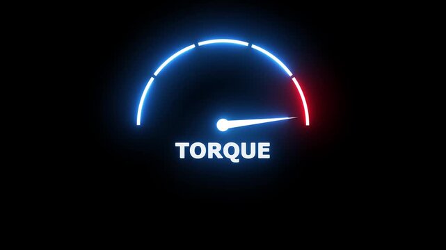 Glowing neon gauge meter with a white needle indicating torque levels against a solid black background for automotive performance monitoring concepts