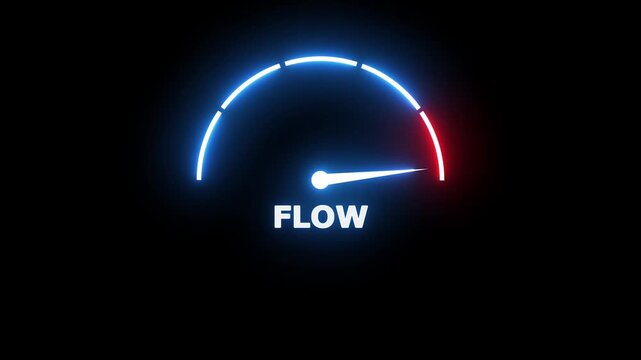Glowing neon gauge meter with a white needle indicating flow levels against a solid black background for automotive performance monitoring concepts