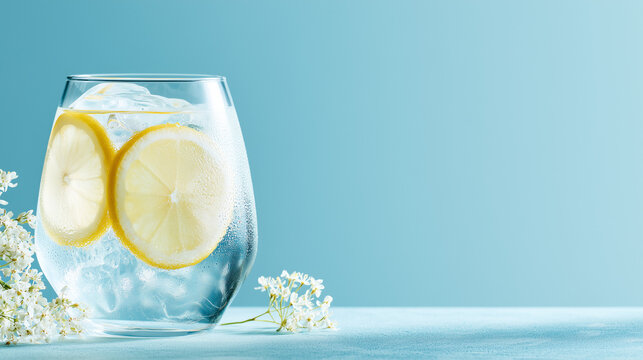 Refreshing iced lemon water with lemon slices and white flowers on blue background with copy space
