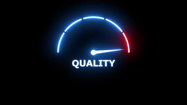 Glowing neon gauge meter with a needle pointing to the word on a dark background representing performance measurement and assessment metrics