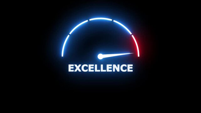 Neon light gauge meter with a needle pointing towards the word excellence on a black background representing performance and superior results