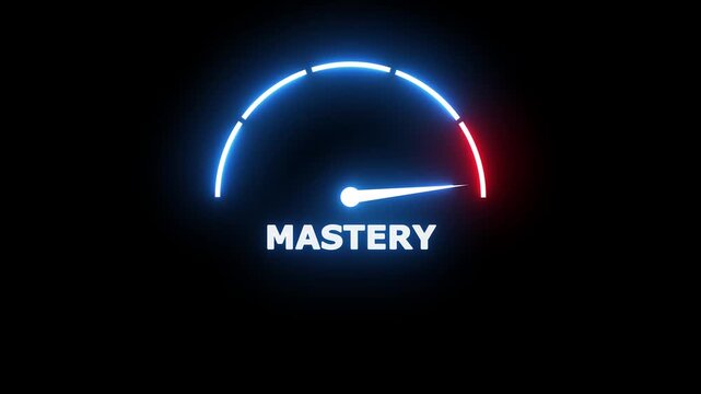 Glowing neon gauge meter with a needle pointing to the word mastery on a dark background representing achievement and progress in business growth