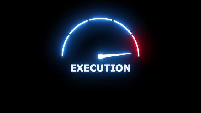 Glowing neon gauge speedometer with a white needle indicating execution on a dark black background for business performance measurement concepts