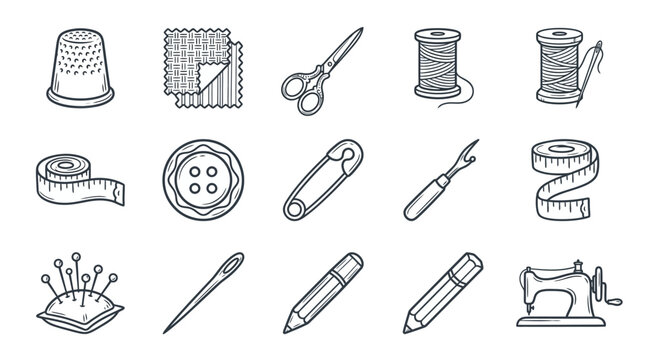 Elegant Black and White Line Drawing Set of Classic Sewing Tools and Accessories for Crafting and Tailoring
