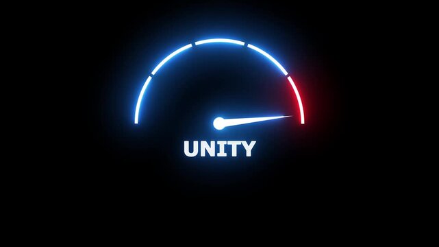 Glowing neon gauge meter with a needle pointing to the word unity on a dark background representing team cohesion and organizational alignment