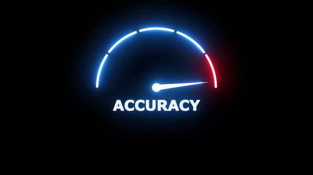 Glowing blue and red neon speedometer gauge with the word acuracy written in white capital letters centered on a solid black background