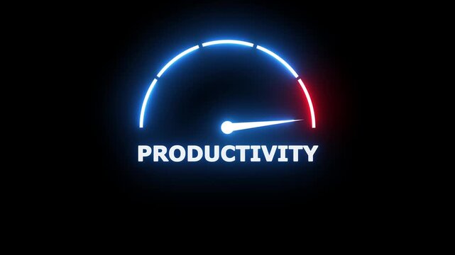 Glowing blue and red neon speedometer gauge with the word productivity written in white capital letters centered on a solid black background