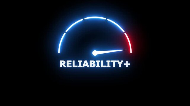 Glowing blue and red neon speedometer gauge with the word reliability plus written in white capital letters centered on a solid black background