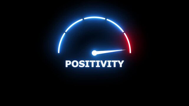 Glowing neon speedometer gauge showing levels of positivity with a bright blue indicator needle on a deep black background