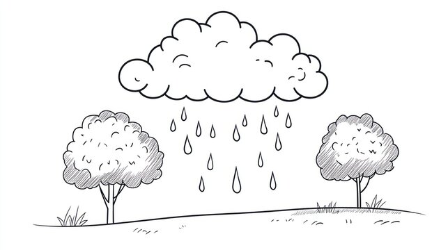 Hand-drawn rain clouds over trees