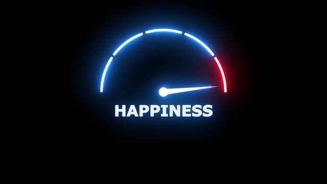Glowing neon speedometer gauge showing levels of happiness with a bright blue indicator needle on a deep black background