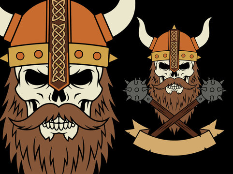 Bearded Viking Skull Mascot with Horned Helmet and Crossed Maces Vector Illustration