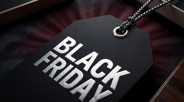 Black gift tag with embossed "black friday" text on dark fabric background