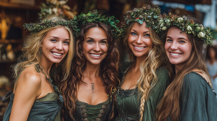Obraz premium Four Radiant Young Women Celebrating Midsummer Traditions at The Jack in the Green Festival Wearing Floral Crowns and Earthy Attire