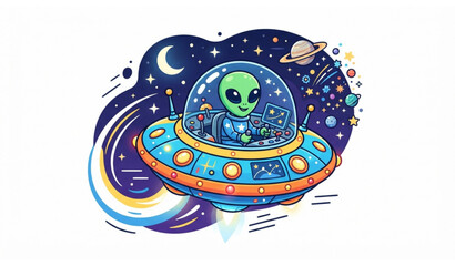 Cartoon UFO Flying Alien at Night Vector Illustration Isolated on White Background © MDSAKIB