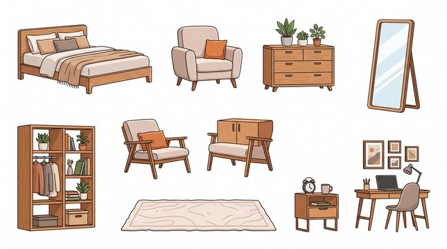A premium collection of modern home interior furniture illustrations in a colorful flat vector style, arranged in a clean grid on a white background. The set features stylish home furnishing elements 