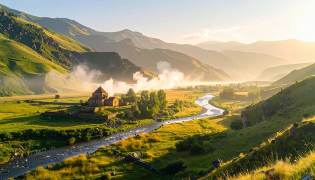 Scenic Mountain Valley with River and Ancient Church at Sunrise.