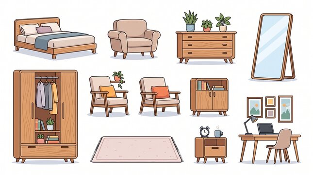 A premium collection of modern home interior furniture illustrations in a colorful flat vector style, arranged in a clean grid on a white background. The set features stylish home furnishing elements 