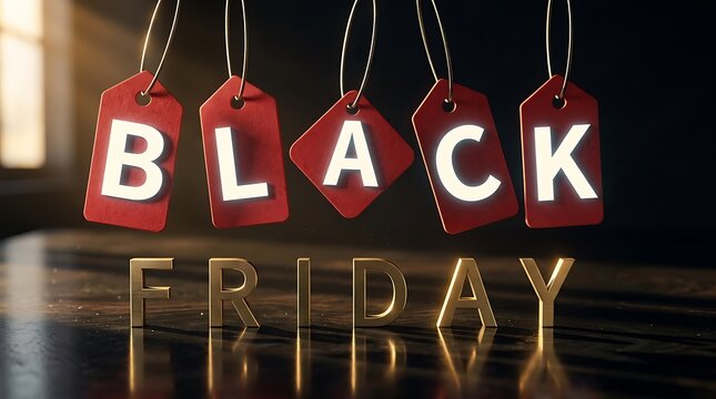 Hanging red sale tags with reflective black friday text on dark glossy surface