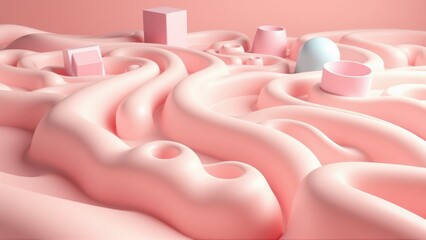 Fototapeta premium Abstract pink landscape. Smooth curves, geometric shapes create surreal scene. Soft lighting, minimalist design.