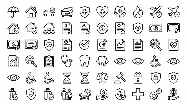 A premium collection of healthcare, insurance, finance, medical, legal, and business protection icons in a clean minimalist outline vector style, arranged in a perfectly aligned grid on a white backgr